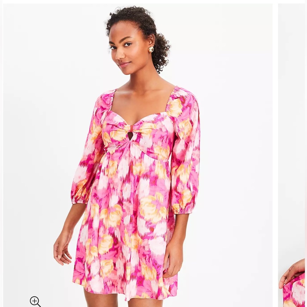 Loft Pink Floral Ikat Knotted Puff Sleeve Swing Dress Magenta Sunset